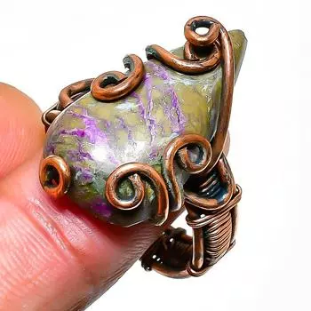 Ювелирное кольцо ручной работы из медной проволоки с драгоценным камнем Пурпурит, размер 9,5