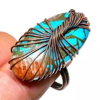 Ювелирное кольцо ручной работы из медной проволоки с драгоценным камнем колючая устрица, размер 9