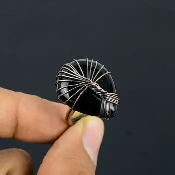 Ювелирное кольцо ручной работы из медной проволоки с драгоценным камнем лунного камня для нее 4 чёрный