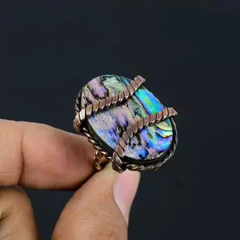 Ювелирное кольцо ручной работы из медной проволоки с драгоценным камнем из раковины морского ушка для нее всех размеров 4 синий