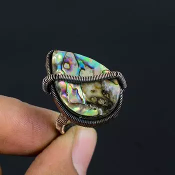 Ювелирное кольцо ручной работы из медной проволоки с драгоценным камнем из раковины морского ушка для нее всех размеров 4 синий