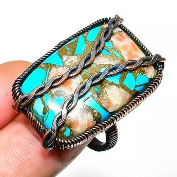 Ювелирное кольцо ручной работы из медной проволоки с драгоценным камнем колючая устрица, размер 8,5