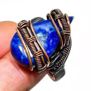 Ювелирное кольцо ручной работы из медной проволоки с драгоценным камнем лазурит, размер 9