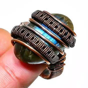 Ювелирное кольцо ручной работы из медной проволоки с лабрадоритом, размер 9,5