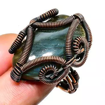 Ювелирное кольцо ручной работы из медной проволоки с лабрадоритом, размер 10