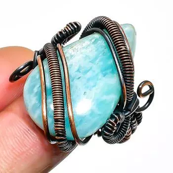 Ювелирное кольцо ручной работы из медной проволоки с амазонитом, размер 8