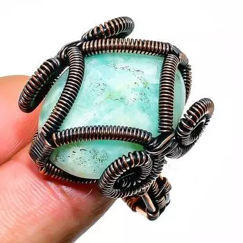 Ювелирное кольцо ручной работы из медной проволоки с амазонитом, размер 11