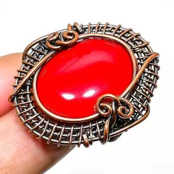 Ювелирное кольцо ручной работы из медной проволоки с итальянским красным кораллом, размер 7,5