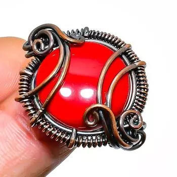 Ювелирное кольцо ручной работы из медной проволоки с итальянским красным кораллом, размер 7,5