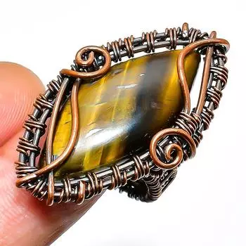 Ювелирное кольцо ручной работы из медной проволоки с драгоценным камнем «Тигровый глаз», размер 9,5