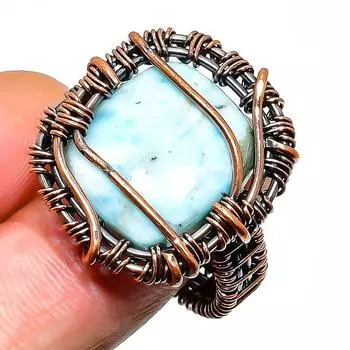 Ювелирное кольцо ручной работы из медной проволоки с драгоценным камнем Республика Ларимар, размер 7