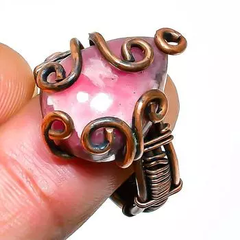 Ювелирное кольцо ручной работы из медной проволоки с родохрозитом, размер 8