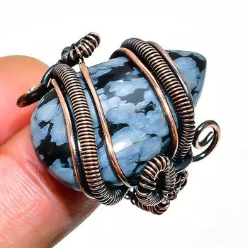 Ювелирное кольцо ручной работы из медной проволоки со снежинкой и обсидианом, размер 8