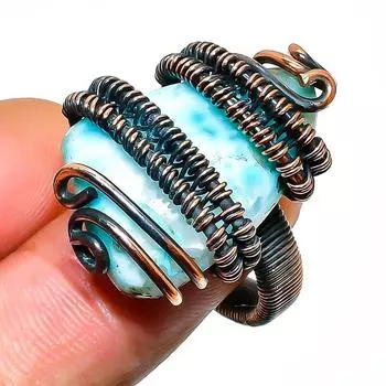 Ювелирное кольцо ручной работы из медной проволоки с драгоценным камнем Республика Ларимар, размер 7