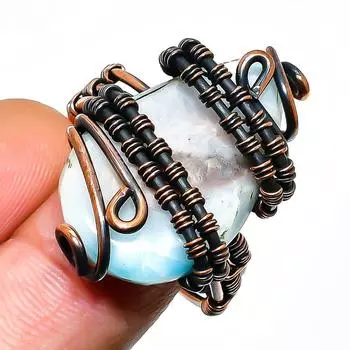 Ювелирное кольцо ручной работы из медной проволоки с драгоценным камнем Republic Ларимар, размер 11