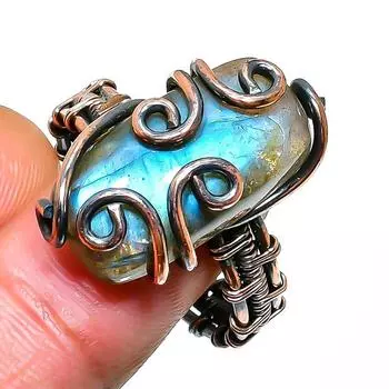 Ювелирное кольцо ручной работы из медной проволоки с лабрадоритом, размер 10,5