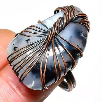 Ювелирное кольцо ручной работы из медной проволоки с дендритом и опалом, размер 8,5