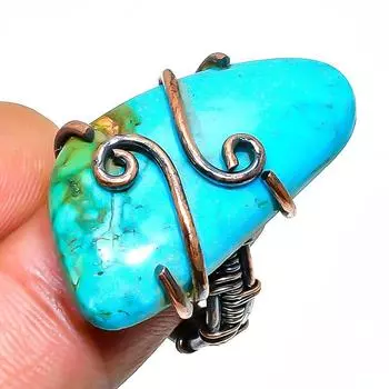 Ювелирное кольцо ручной работы из медной проволоки с драгоценным камнем Аризона и бирюзой, размер 7