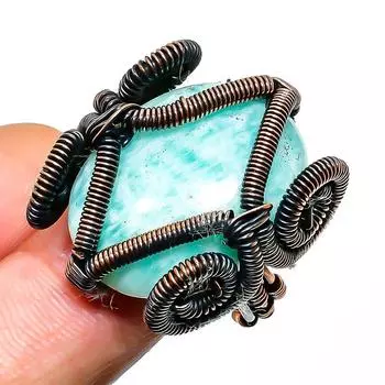 Ювелирное кольцо ручной работы из медной проволоки с амазонитом, размер 10,5