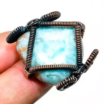 Ювелирное кольцо ручной работы из медной проволоки с драгоценным камнем Республика Ларимар, размер 7,5