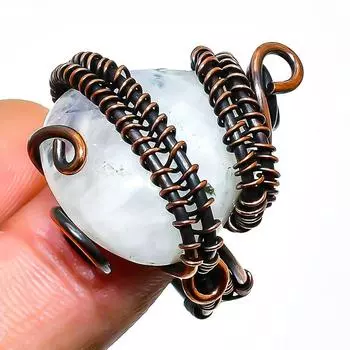 Ювелирное кольцо ручной работы из медной проволоки с радужным лунным камнем, размер 9