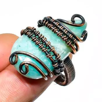 Ювелирное кольцо ручной работы из медной проволоки с амазонитом, размер 9,5