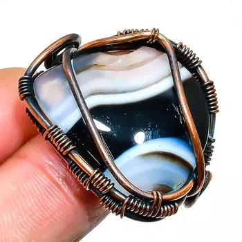 Ювелирное кольцо ручной работы из медной проволоки с полосатым агатом и драгоценным камнем, размер 8