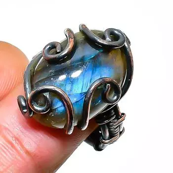 Ювелирное кольцо ручной работы из медной проволоки с лабрадоритом, размер 6