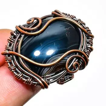 Ювелирное кольцо ручной работы из медной проволоки с полосатым агатом и драгоценным камнем, размер 7,5