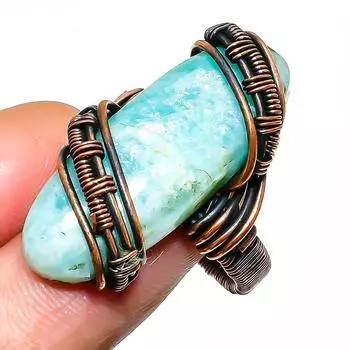 Ювелирное кольцо ручной работы из медной проволоки с амазонитом, размер 9,5