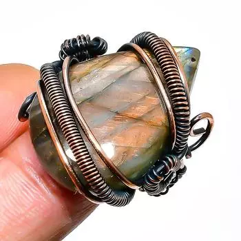 Ювелирное кольцо ручной работы из медной проволоки с лабрадоритом, размер 8