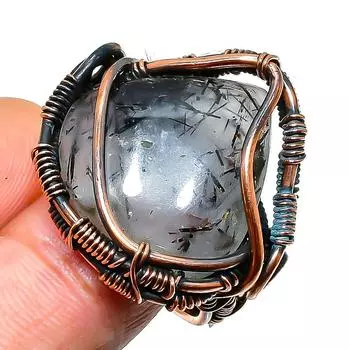 Ювелирное кольцо ручной работы из медной проволоки с черным рутилом, размер 8