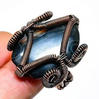 Ювелирное кольцо ручной работы из медной проволоки с полосатым агатом и драгоценным камнем, размер 11