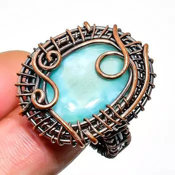 Ювелирное кольцо ручной работы из медной проволоки с драгоценным камнем Республика Ларимар, размер 7