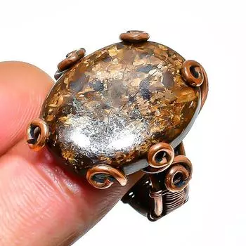 Ювелирное кольцо ручной работы из медной проволоки с бронзитом, размер 10,5