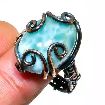 Ювелирное кольцо ручной работы из медной проволоки с драгоценным камнем Республика Ларимар, размер 8,5