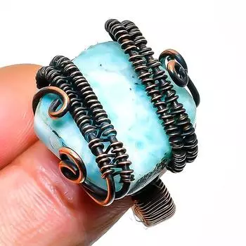 Ювелирное кольцо ручной работы из медной проволоки с драгоценным камнем Республика Ларимар, размер 7,5