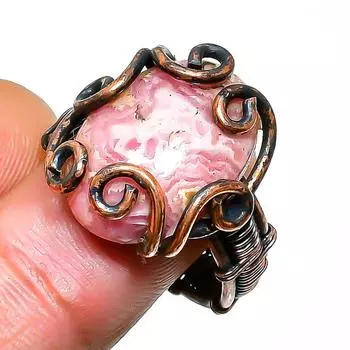 Ювелирное кольцо ручной работы из медной проволоки с родохрозитом, размер 6,5