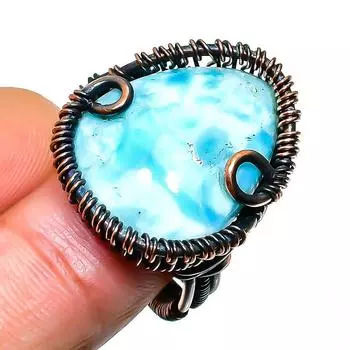 Ювелирное кольцо ручной работы из медной проволоки с драгоценным камнем Republic Ларимар, размер 6