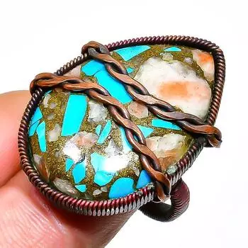 Ювелирное кольцо ручной работы из медной проволоки с драгоценным камнем колючая устрица, размер 9