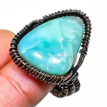 Ювелирное кольцо ручной работы из медной проволоки с драгоценным камнем Республика Ларимар, размер 8,5