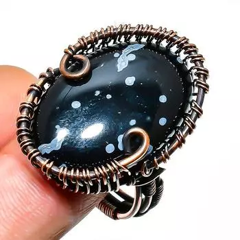 Ювелирное кольцо ручной работы из медной проволоки со снежинкой и обсидианом, размер 8