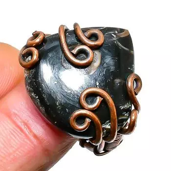 Ювелирное кольцо ручной работы из медной проволоки Turritella с ископаемым драгоценным камнем, размер 10,5