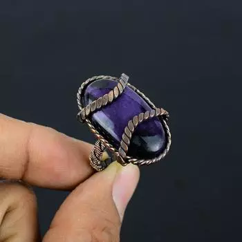Ювелирное кольцо ручной работы из медной проволоки с драгоценным камнем из русского чаорита для нее 4 фиолетовый