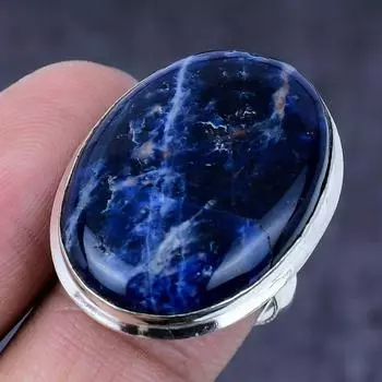 Ювелирное кольцо ручной работы из натурального серебра 925 пробы с натуральным драгоценным камнем содалитом, размер 8 y2R97