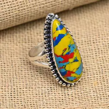 Ювелирное кольцо ручной работы из стерлингового серебра 925 пробы с мозаикой из яшмы на День Благодарения 4 жёлтый