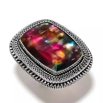 Ювелирное кольцо ручной работы из стерлингового серебра 925 пробы с натуральным драгоценным камнем аммолит, размер 9 o2t33