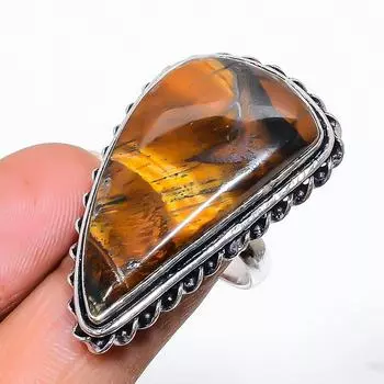 Ювелирное кольцо ручной работы из стерлингового серебра 925 пробы с натуральным драгоценным камнем тигровый глаз, размер 7 J5t86