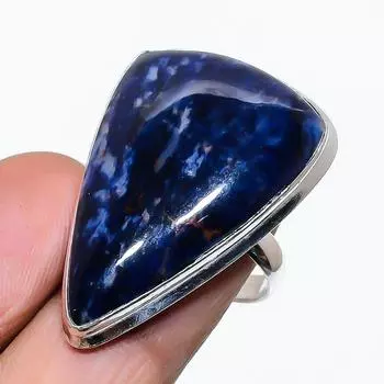 Ювелирное кольцо ручной работы из стерлингового серебра 925 пробы с натуральным драгоценным камнем содалитом, размер 7 G7G99