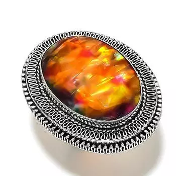 Ювелирное кольцо ручной работы из стерлингового серебра 925 пробы с натуральным драгоценным камнем аммолит, размер 7 o4J53